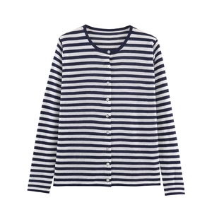 Women Striped Knit Cardigan Round Neck Long Sleeve Button Down Polyester Sweater Jacket Knitwear