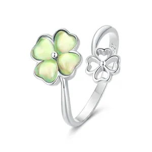 Minimalist S925 sterling silver open ring featuring lucky pearlescent clover design