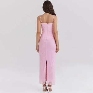 Pink backless mesh maxi dress with corset top and side slit, elegant back view