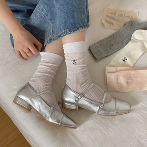 Breathable mesh crew socks with bow embroidery and silver Mary Jane shoes for women