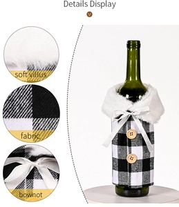 Detail of buffalo check wine bottle cover showing faux fur collar and bowknot accents