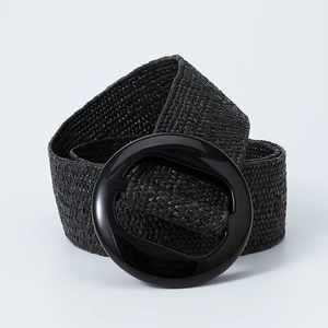 Bohemian black braided stretch waist belt with a vintage resin round buckle decoration