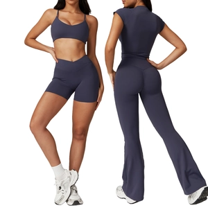 Women's quick-dry yoga set with cross high-waist shorts and flared leggings in charcoal blue