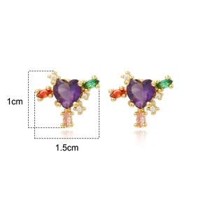 Detailed dimensions of the heart-shaped purple zircon stud earring with colorful gems