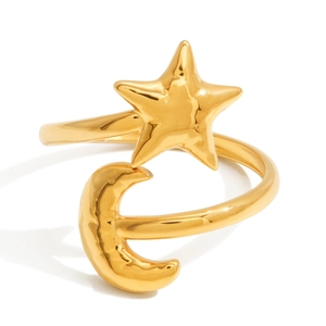 Polished 18K gold-plated star and moon adjustable open ring with a mirror finish