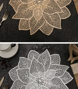 Detailed close-up of gold and silver circular PVC place mats with hollow leaf patterns