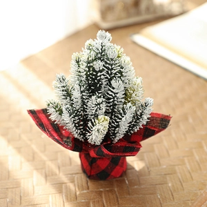 Miniature 13cm Christmas tree with frosted snow and red plaid base for desk decor