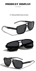 Three perspectives of square TR90 sunglasses in glossy black frame and grey tinted lenses