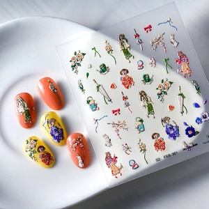 5D embossed Japanese nail art stickers featuring kimono girls and cherry blossom patterns