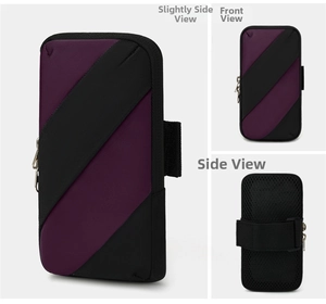 Detail of breathable honeycomb mesh padding and adjustable velcro strap on purple arm bag