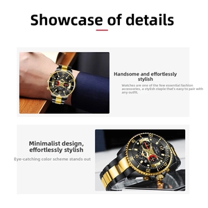 Detail showing the black and gold stainless steel band and multifunctional watch dial