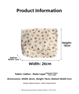 Floral cotton makeup bag detail showing 26x18x5cm size and beige bear pattern print