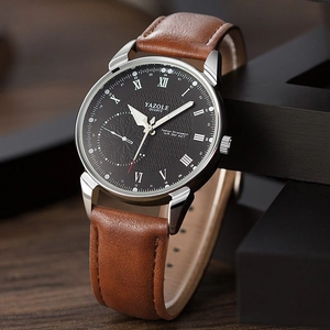Yazole 427 business quartz watch for men with brown leather strap and black dial