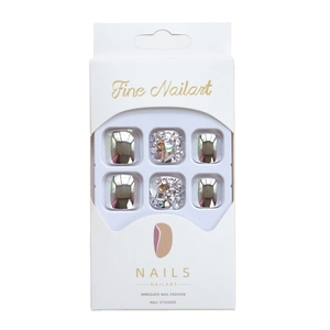Mirror silver press-on toenails with sparkling crystals and rhinestones in white packaging