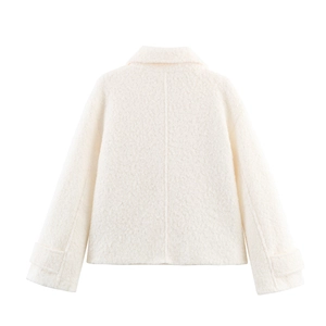 Back view of cream wool blend short coat with double-breasted textured boucle fabric