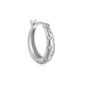 Detailed view of S925 sterling silver hoop earring with sparkling star-shaped cubic zirconia