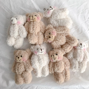 Cute teddy bear plush charms in white and brown curly fleece with metal chains
