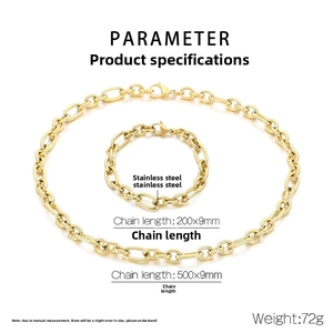 Detailed specs of 9mm gold stainless steel 1:3 Figaro chain necklace and bracelet set