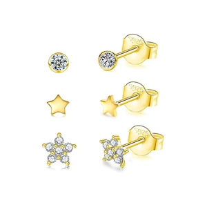 Detail of three S925 sterling silver gold stud earrings with star and round crystal designs