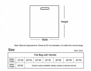 Detailed size chart showing width and height dimensions for scalloped plastic gift bags