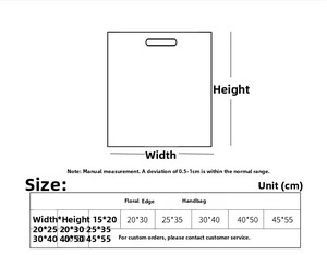 Detailed size chart showing width and height dimensions for scalloped plastic gift bags