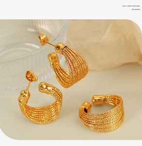 Detailansicht des mehrlagigen Ohrring- und Ring-Sets aus 18K Gold mit Wickelstruktur