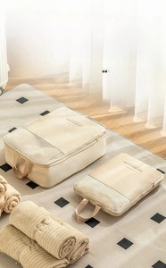 Detail of travel compression storage bags with breathable mesh and sturdy handles