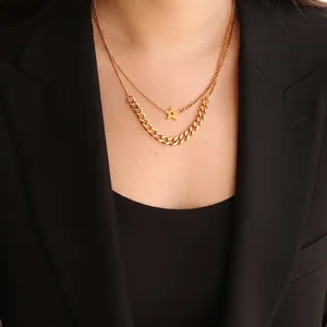 Chic gold-plated double-layer necklace with star pendant and Cuban chain detail