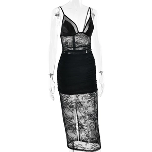 Detail of black lace deep V-neck dress with ruched waist and semi-sheer mesh fabric