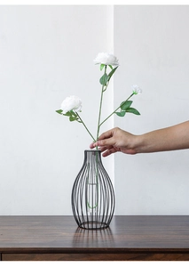 Detail of minimalist black iron wire lantern vase with a clear glass insert for home decor
