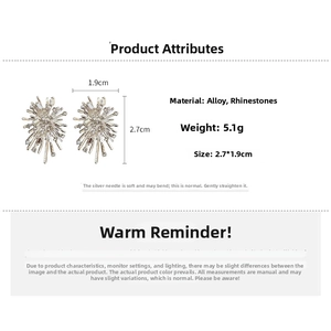 Detailed size and material specification chart for sparkling starburst rhinestone earrings