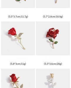 Detailed grid of assorted rose brooches with enamel finishes and pearl accents