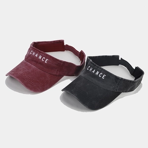 Washed cotton open top sun visor hats with CHANCE embroidery in burgundy and black