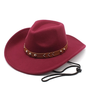 Classic wine red wool fedora western cowboy hat with studded belt and adjustable strap