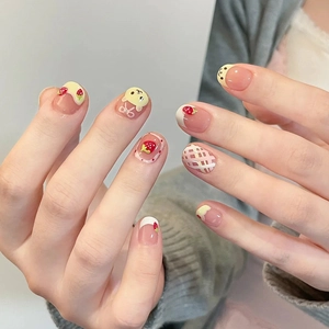 Press On Nails Short Round Shape Cute Cartoon Bear Strawberry Plaid Pattern Sweet Style Glossy Artificial Nail Tips