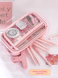 Close-up of pink multi-layer pencil case with transparent PVC window and zipper closure