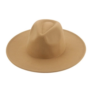 Detail view of khaki wool fedora hat featuring a wide brim and classic pinched crown