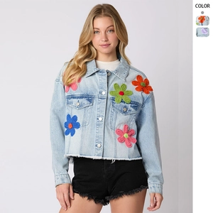 Women Denim Jacket Light Blue Cropped Long Sleeve Colorful Crochet Flower Patchwork Raw Hem Button Down Streetwear