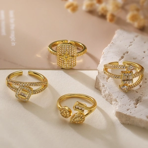 Adjustable Open Rings For Women Copper Gold Plated With Zircon Geometric Irregular Design Minimalist Jewelry Gift