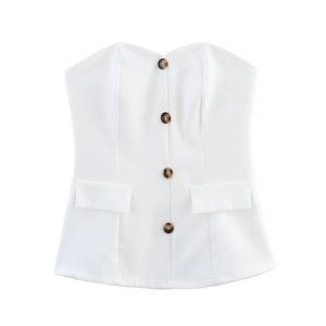 Detailed front view of white strapless corset top with brown buttons and pocket flaps