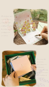 3D pop-up greeting card featuring pink tulips and elegant gift box packaging detail
