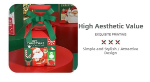 Exquisite Christmas gift box with green bow and festive elk and Santa illustrations
