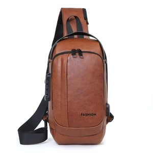 Waterproof brown PU leather crossbody chest bag with anti-theft lock and USB port