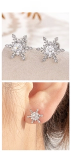 Macro detail and model view of a sparkling snowflake zircon titanium steel ear stud