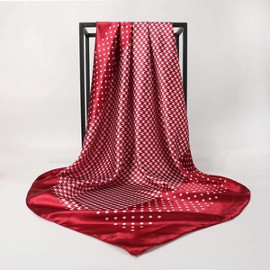 Polished red satin square scarf with elegant white polka dots and houndstooth pattern