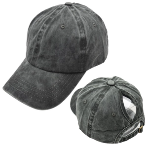 Detailed back view of a washed grey ponytail baseball cap with a functional hole design