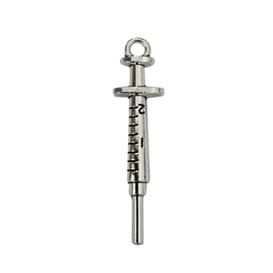 Silver alloy syringe charm pendant for DIY medical jewelry with scale details
