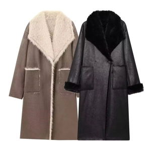 Women's long double-sided shearling coat with faux fur lining in dark grey and black colors