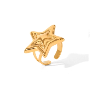 Macro detail of polished gold star-shaped stainless steel ring with adjustable band