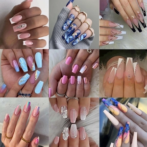 Detailed grid of nine long press-on nail styles including French, marble, and glitter